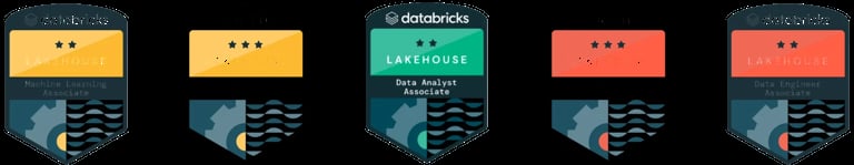 Five database and datatabricks software interface icons with colored header bars and code editor windows